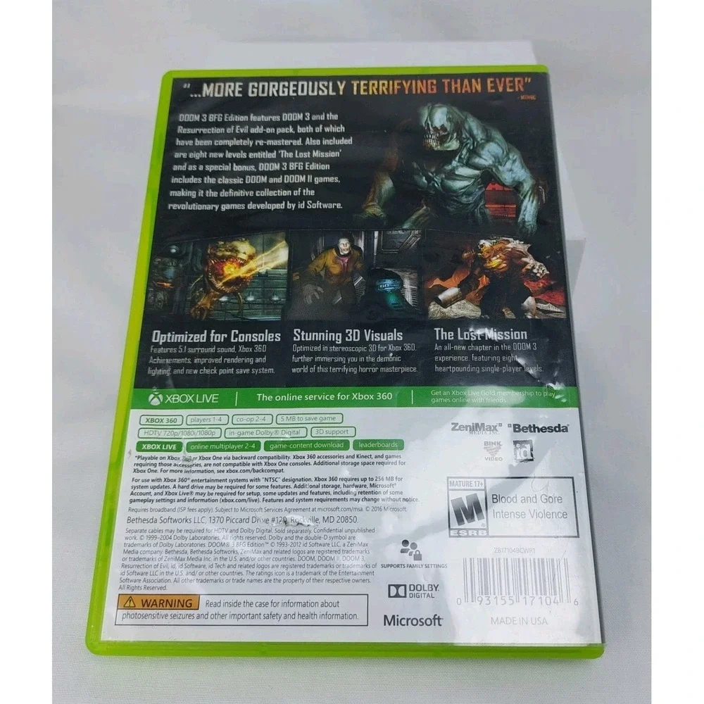 Doom 3 BFG Edition Microsoft Xbox 360, 2012‎ No Manual